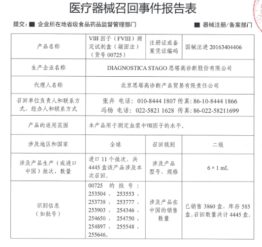 医疗器械召回事件报告表