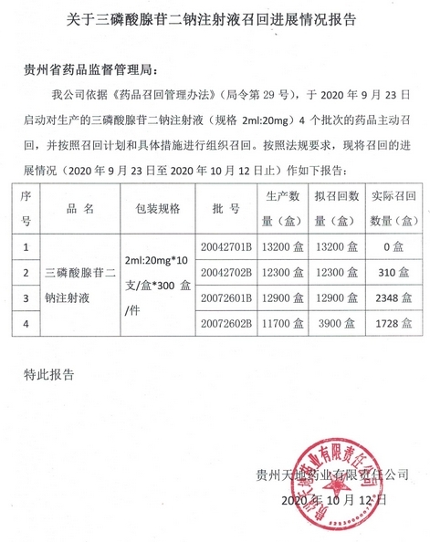 三磷酸腺苷二钠注射液召回进展报告