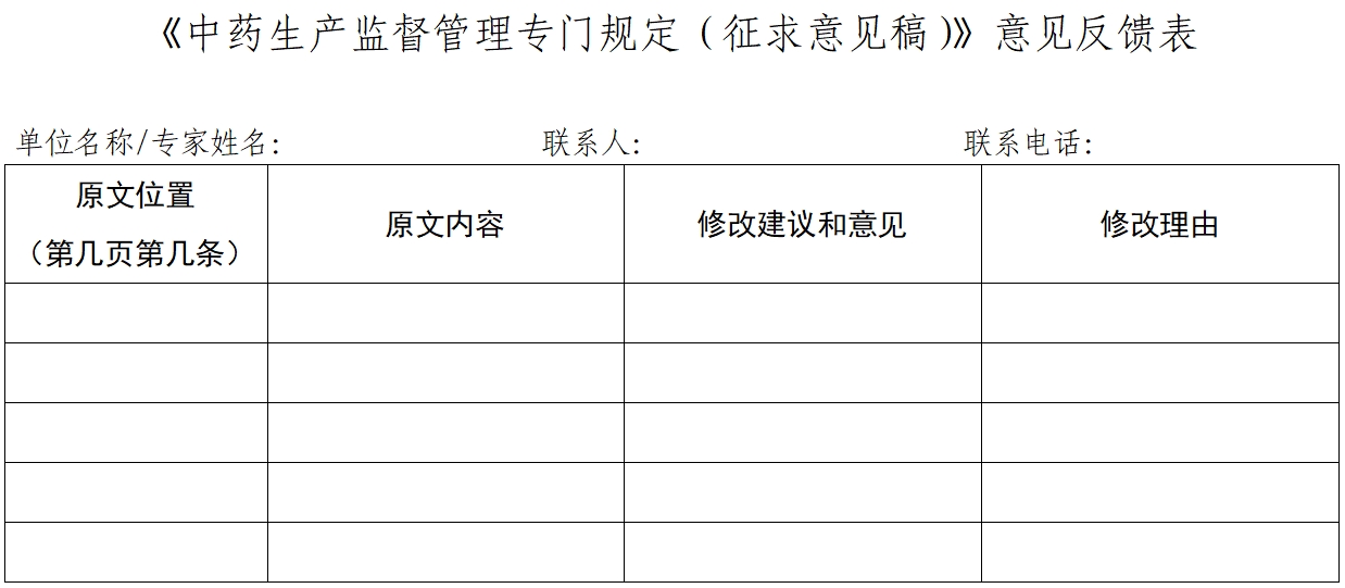 《中药生产监督管理专门规定（征求意见稿）》意见反馈表