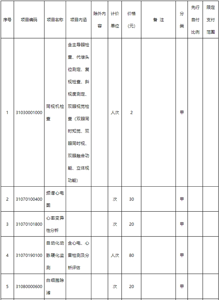 新增医保医疗服务项目表